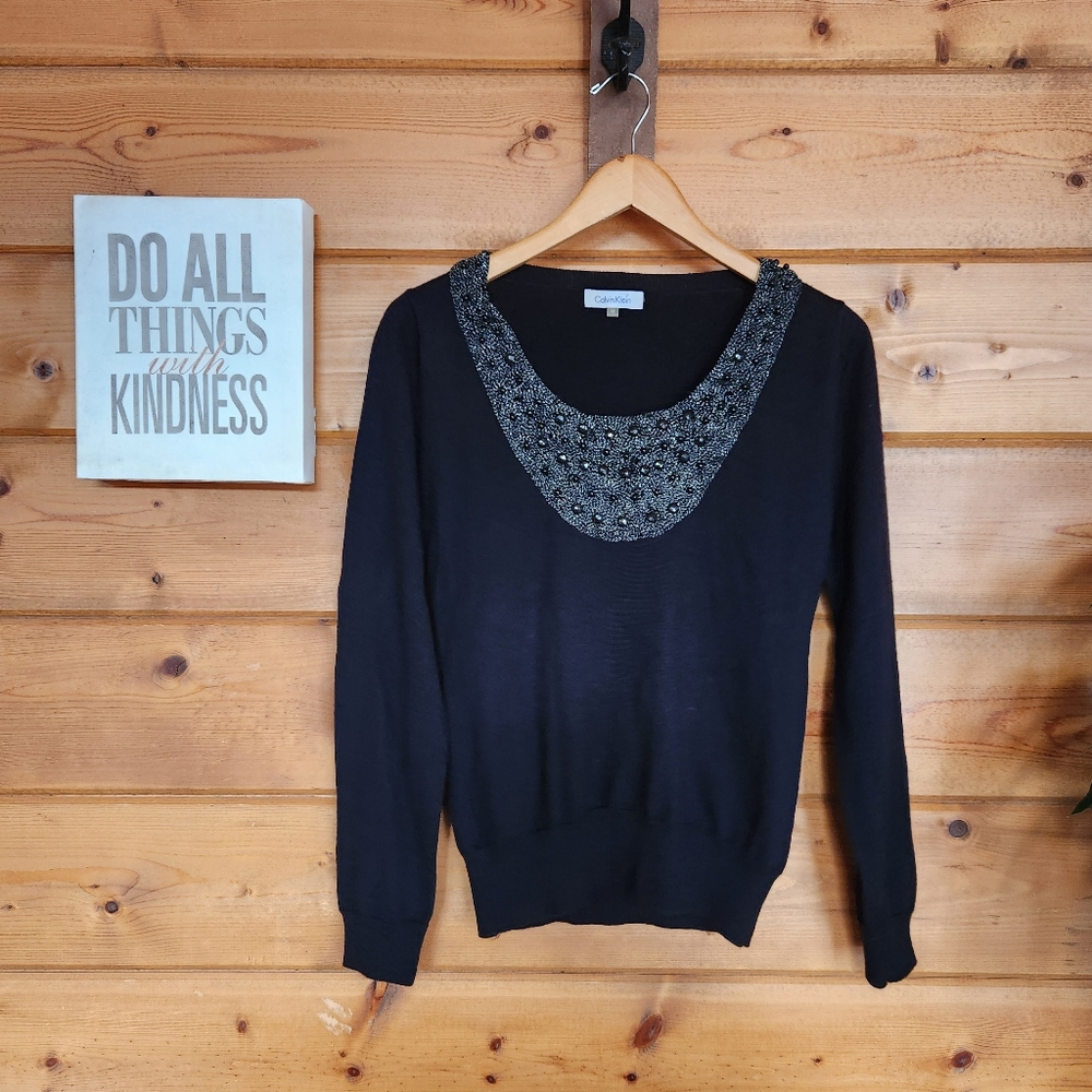 Calvin Klein Wool Blend Swoop Scoop Beaded Embellished Sweater Stretch Top Sz M